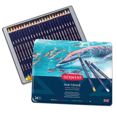 Derwent Inktense Ink 24 Pencil Set Tin with a Free Push Button Waterbrush and Spritzer